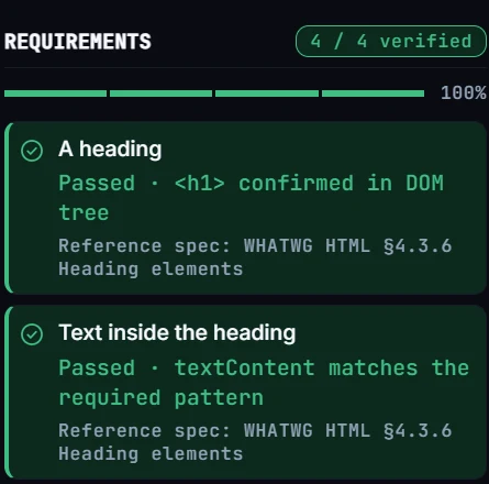 Real exercise feedback confirming the heading and text checks have passed.