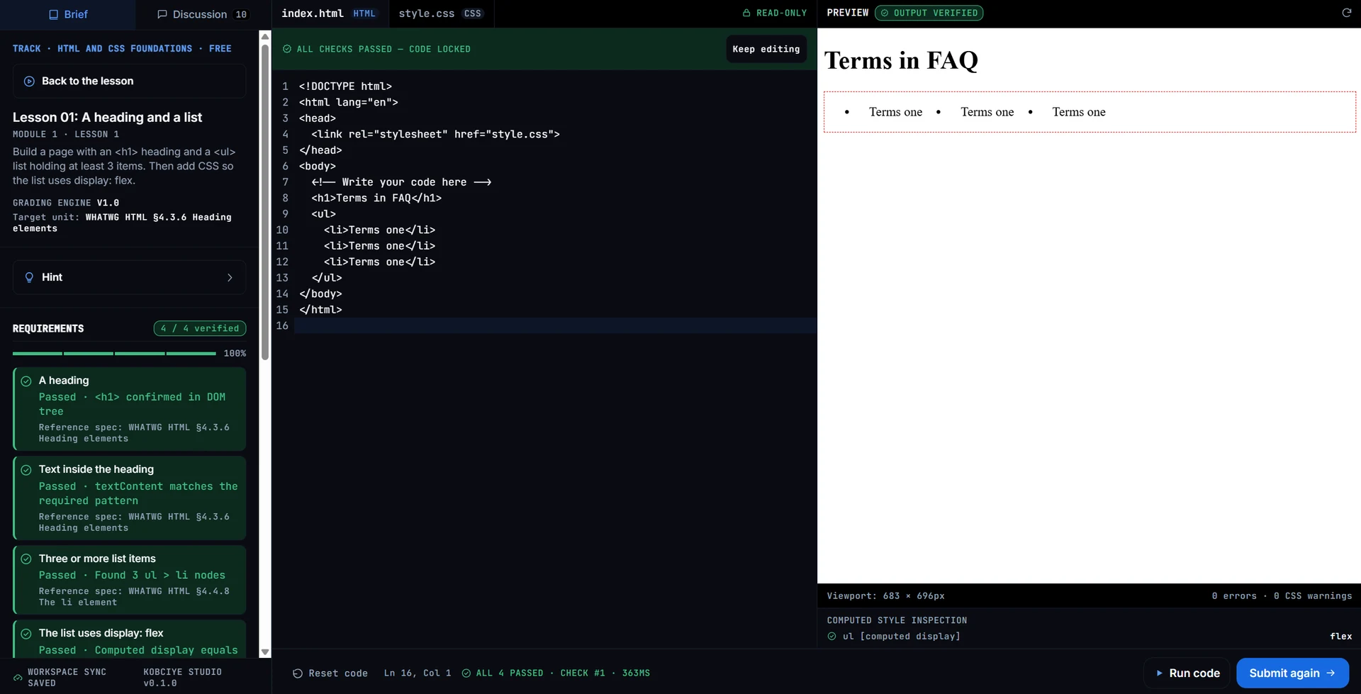 Kobciye exercise workbench with the lesson brief, HTML editor, live preview and passed requirements.